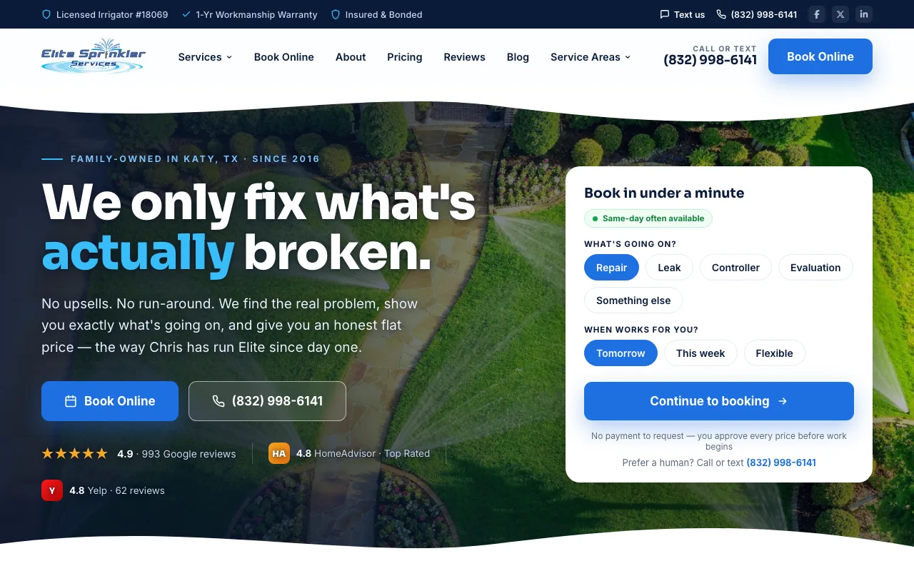 Elite Sprinkler Services website