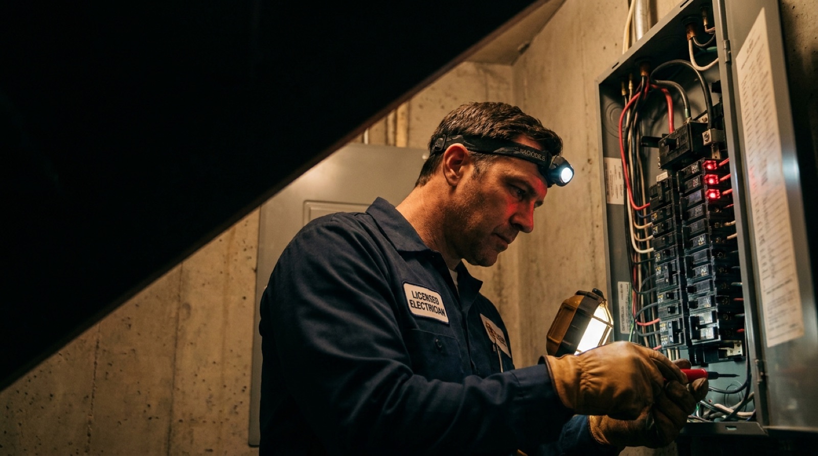 Electrician working in a breaker panel