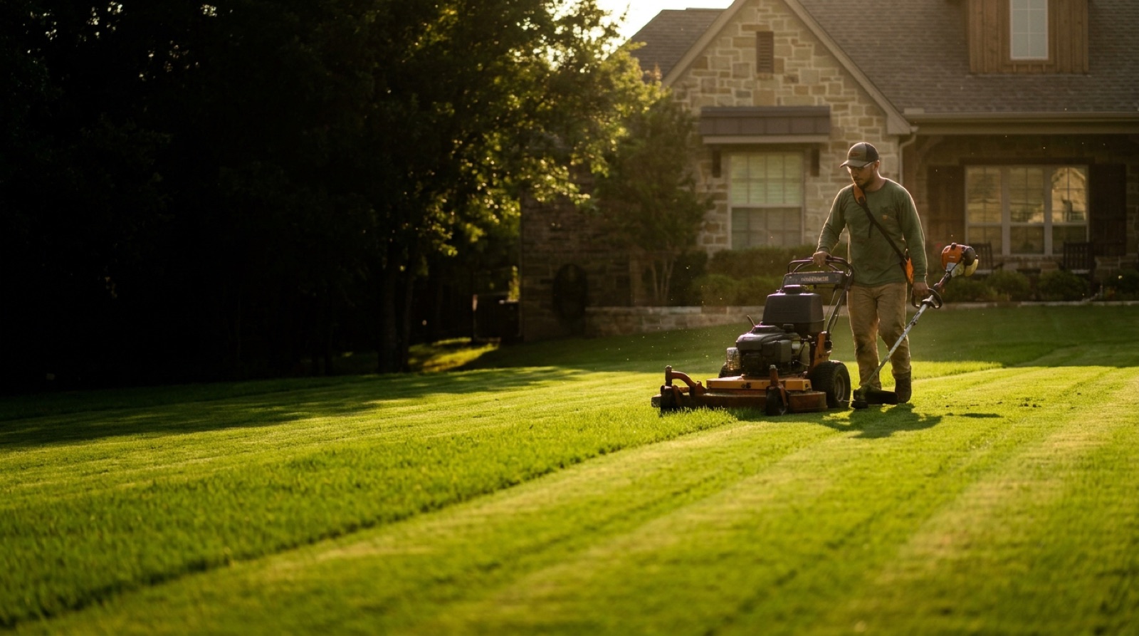 Landscaper mowing a manicured lawn