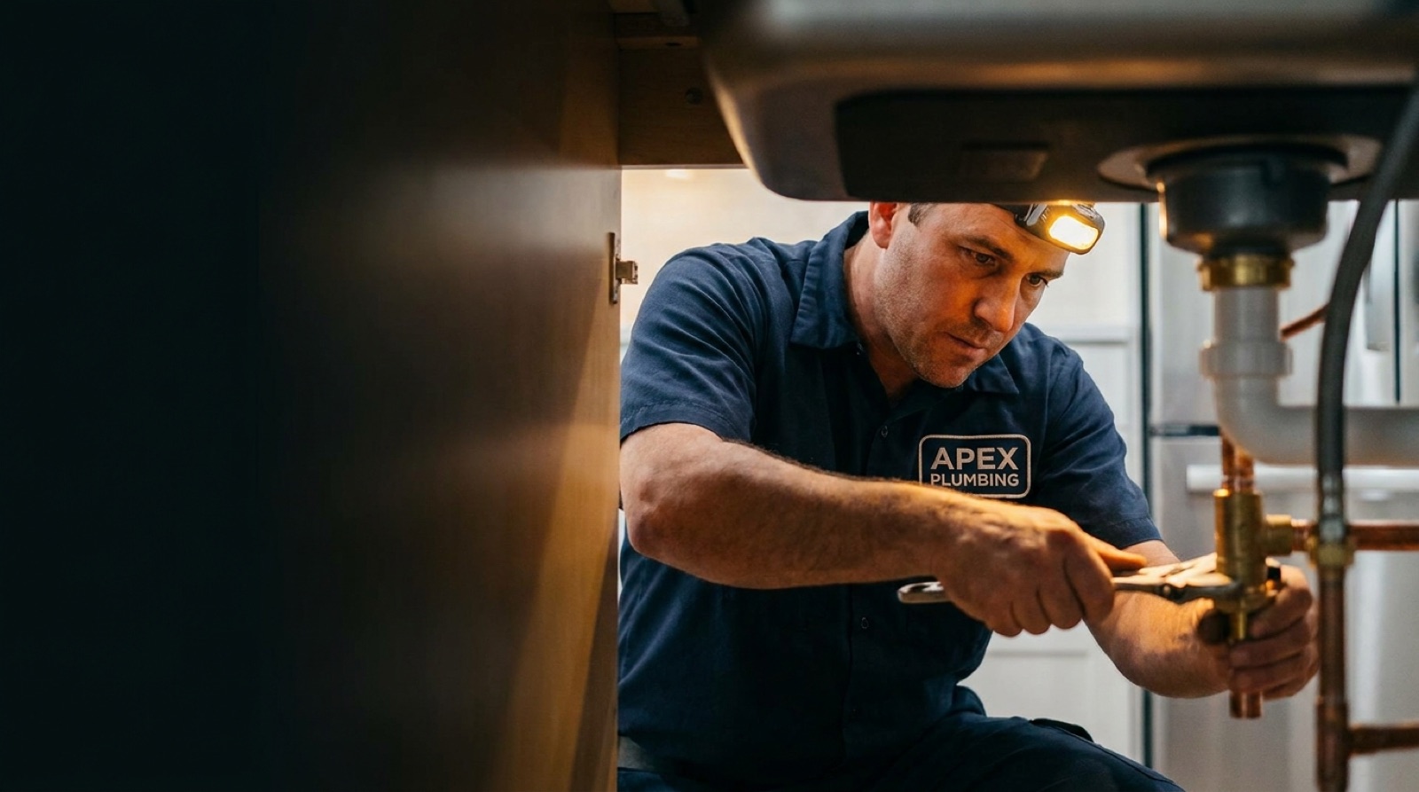 Plumber working on pipes under a sink