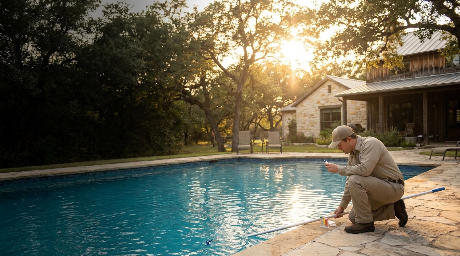 Pool technician servicing a backyard pool