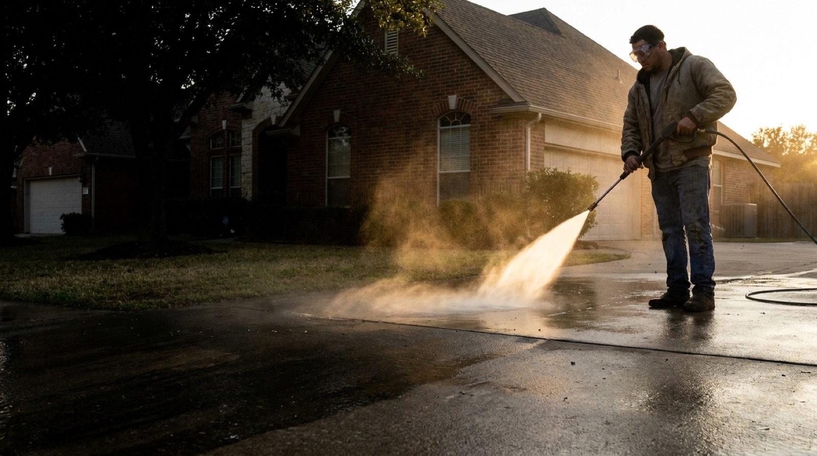 Worker pressure washing a driveway