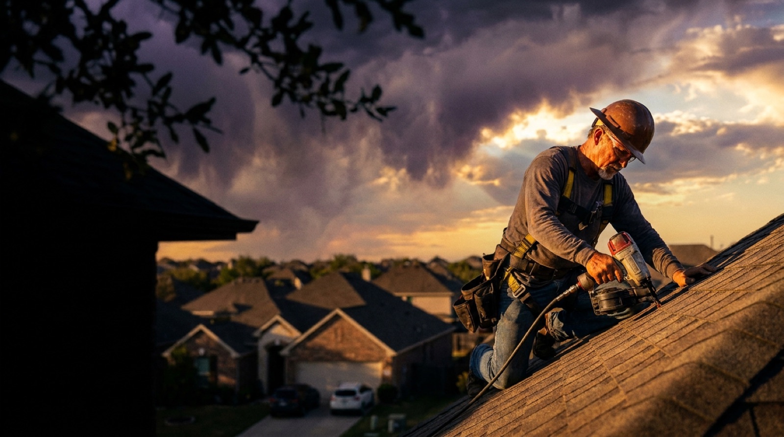Roofer installing shingles on a Texas home