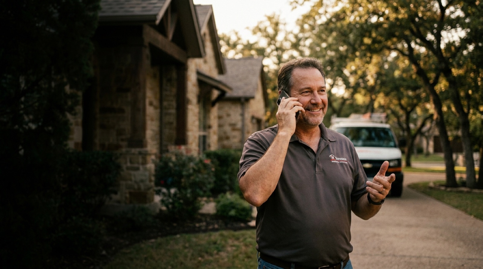 A friendly business owner taking a call outside a Texas home