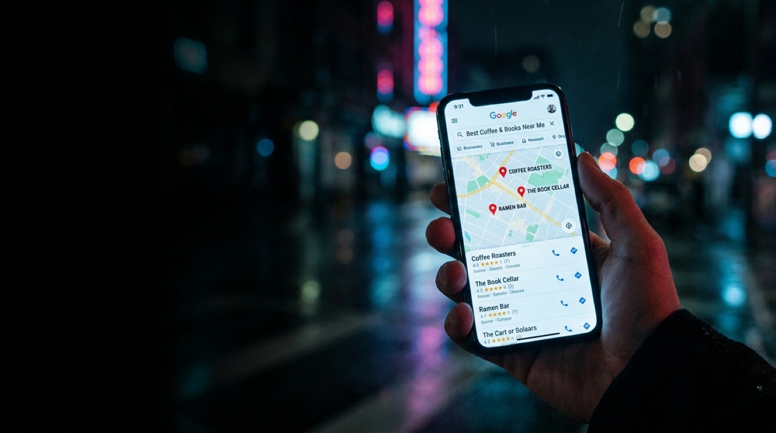 A phone showing local Google Maps results